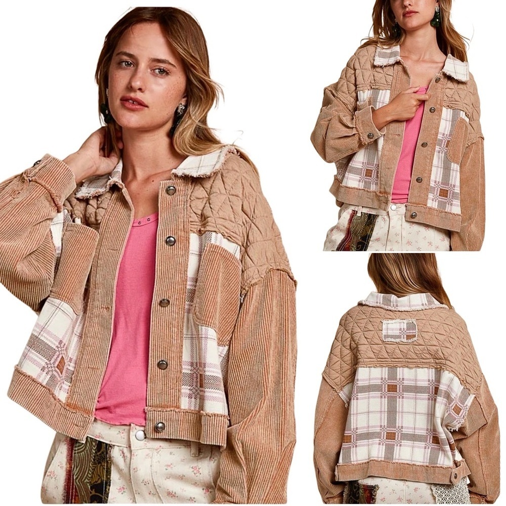 POL Corduroy Jacquard Patchwork Button Up Jacket Tan Multicolor Size S,M,L New - Picture 2 of 16